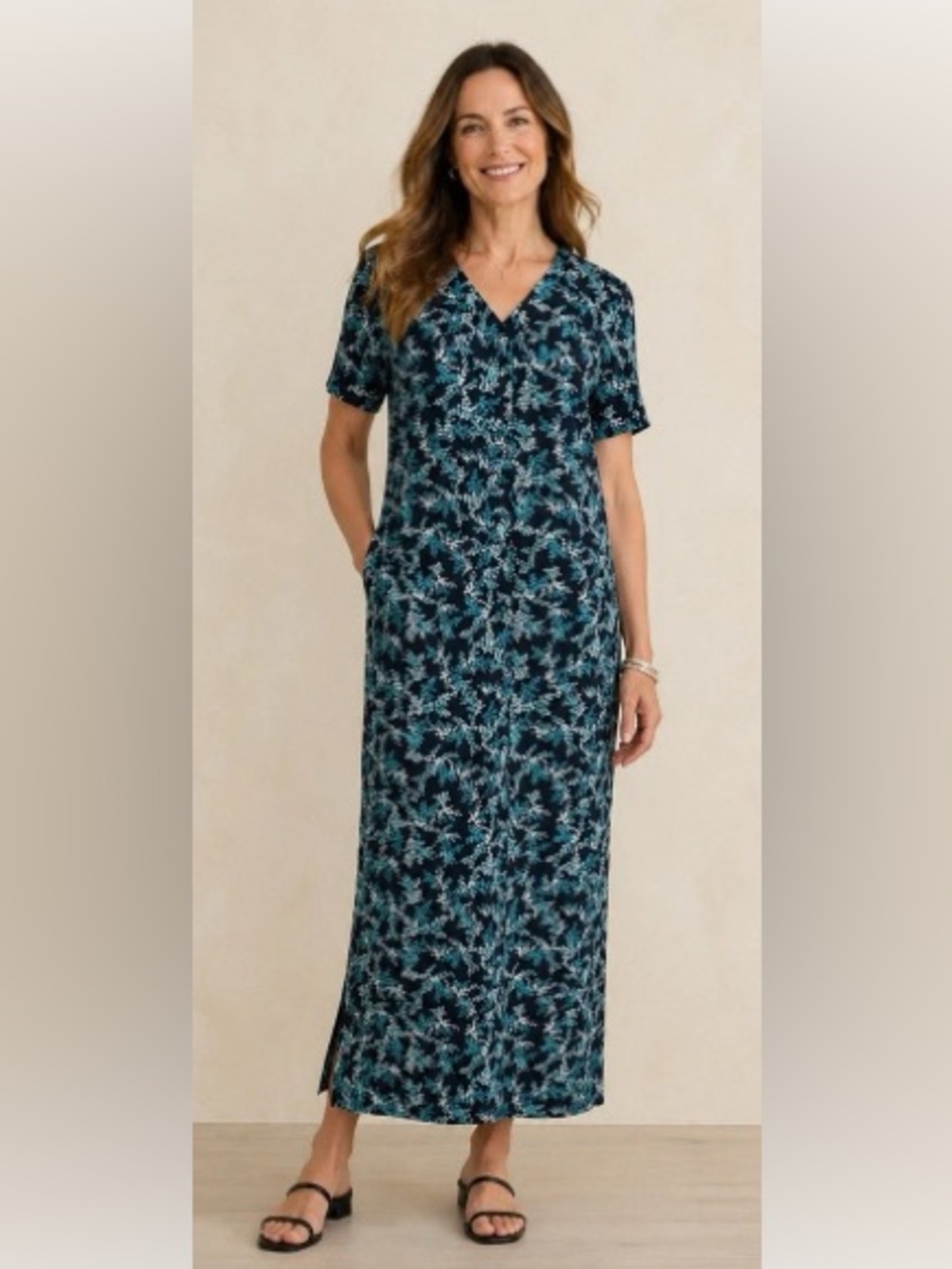 J. Jill Teal & Navy Floral V-Neck Short-Sleeve Maxi Dress